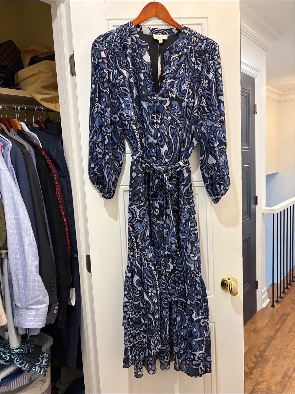 Long Blue Paisley Maxi Dress with Tie Waist